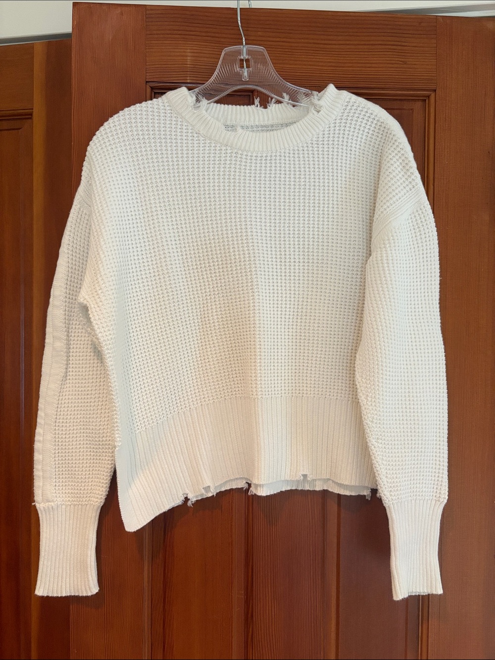 Pistola White Distressed Waffle-Knit Crewneck Sweater